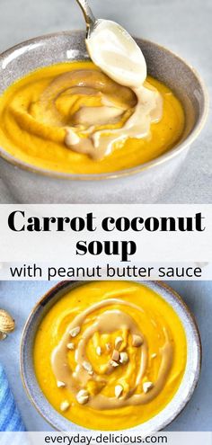 carrot coconut soup with peanut butter sauce in a bowl