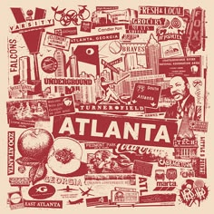 an image of atlanta in red and white with the word atlanta surrounded by other images