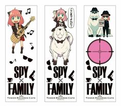 three bookmarks with cartoon characters on them and the words spy, soy, family