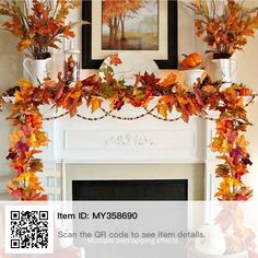 a fireplace mantel decorated with fall leaves and pumpkins