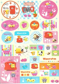 an assortment of stickers with animals and other things on them in pink, blue, yellow