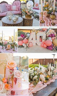 a collage of photos with pink and gold decorations, candles, flowers, and cake