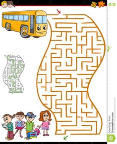 a yellow school bus is going through the maze with kids and an adult looking at it