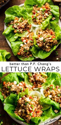 lettuce wraps with meat and vegetables in them on a white plate, next to the