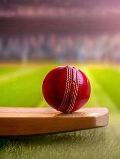 a red cricket ball sitting on top of a wooden board in front of a stadium