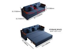 the sofa bed with storage space is shown in two different sizes and widths for each couch