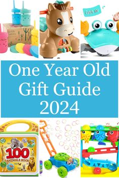 one year old gift guide for kids with toys and gifts in the background text overlay reads, one year old gift guide