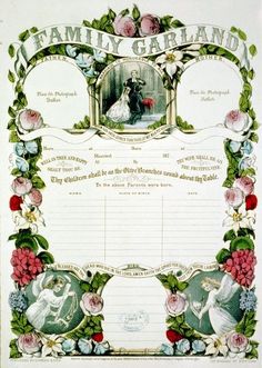 an old fashioned wedding certificate with roses and birds on it's border is shown