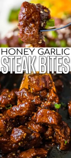 honey garlic steak bites on a fork with text overlay