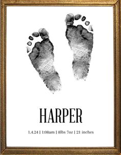 a black and white photo of a baby's foot with the words harper on it