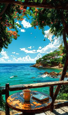 a painting of a coffee cup on a table overlooking the ocean