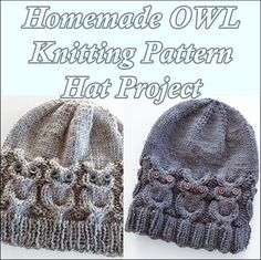 two knitted hats with the words homemade ovl knitting pattern hot project on them