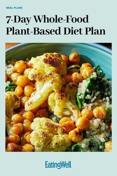 a blue bowl filled with cauliflower and broccoli