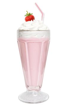 a pink milkshake with whipped cream and strawberries on top, isolated against a white background