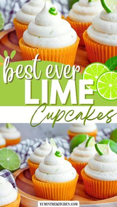 lime cupcakes with white frosting and lime slices on the top, sitting on a plate