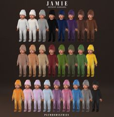 a group of children's pajamas with different colors and sizes, all wearing hats