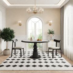 an elegant dining room with black and white checkered flooring, chandelier, potted plants and two chairs