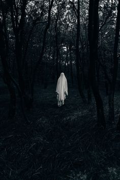 a ghostly person walking through the woods