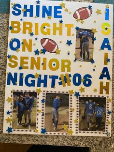 a bulletin board with photos of football players and stars on it that says shine bright on senior night