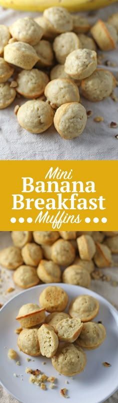 bananas and cookies on a plate with the words, make banana breakfast muffins