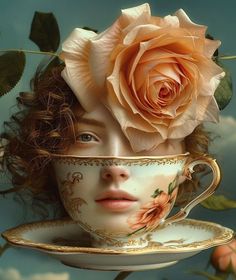 a woman's face in a teacup with a rose on it and leaves around her head