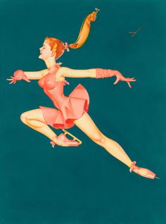 a painting of a woman flying through the air with a banana in her hand,