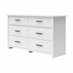 a white dresser with four drawers and two doors on each side, in front of a white background