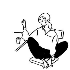 a black and white drawing of a person sitting on a chair with a cup in their hand