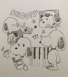 a drawing of snoopy and his friend playing the piano with another person watching them