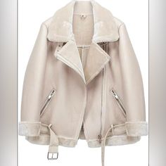 Super Cute Jacket For The Winter Time! Just Too Big On Me And It’s Too Late To Return. Oversized Fit Casual Cream Biker Jacket For Winter, Chic Cream Biker Jacket For Winter, Suede Outfit, Fur Leather Jacket, Sheepskin Jacket, Sheepskin Coat, Faux Suede Jacket, Winter Outerwear, Aviator Jackets