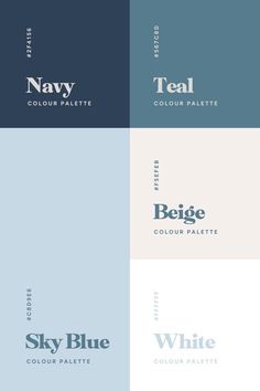 four different color palettes with the names sky blue, navy, and teal