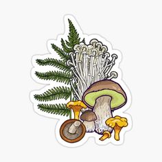 a mushroom and fern sticker on a white background