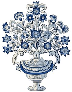 a blue and white vase with flowers in it