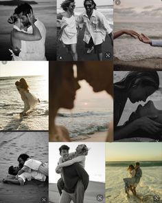 multiple pictures of people on the beach and in the water, with one person holding another