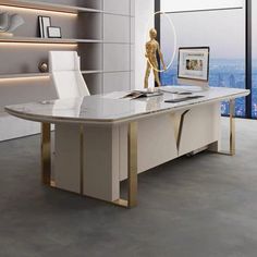 an office desk with a computer on top of it