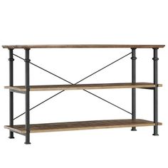 an industrial style shelving unit with three shelves and two metal pipes on each shelf