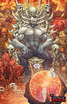 an image of a comic character sitting on a throne surrounded by skulls and other demonic creatures