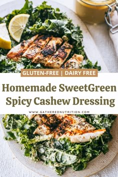 homemade sweetgreen spicy cashew dressing on a white plate with lemon wedges