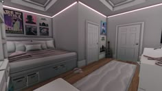 a bedroom with a bed, dresser and tv in it's corner area next to two closets