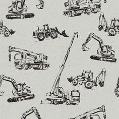 black and white drawing of construction equipment on a gray background, seamless to be used for wallpaper