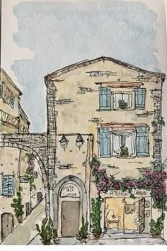 a watercolor drawing of a house with shutters and flowers on the front door