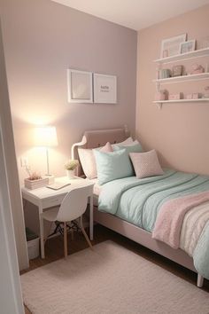 #BEAUTY ,#REALATIONSHIPS #Fashion #Outfits #Winter Outfits #Animals Bedroom Inspirations With Desk, Ideas Para Cuartos Pequeños, Bedroom Desk Ideas Aesthetic, Closet Offices, Stylish Shelves, Minimalist Rooms, Small Room Layouts, Blue Sofa Living, Desk And Shelves