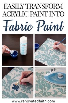 the instructions for how to paint fabric with acrylic paint in blue and white