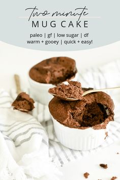 two muffins with chocolate frosting in white bowls