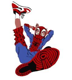 a drawing of a spider man on the ground with his legs crossed and feet spread out