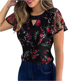 Summer Women Sexy Tshirt Tops Casual Hollow Slim Crewneck Crop Tops Fashion Embroidery Short Sleeve Lace Blouses at Amazon Women’s Clothing store Simple Blouses, Floral Embroidered Shirt, Elegant Minimalism, Casual Summer Tops, Stylish Blouse, Top Shirt Women, Floral Outfit, Tops Casual, Mesh Sleeves