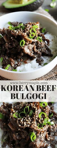 korean beef bulgogi served in a white bowl with rice and green onions