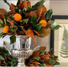 Silver Champagne Bucket Ideas, Silver Champagne Bucket, Bucket Decor, Outdoor Greenery, Mini Bouquets, Southern Christmas, Champagne Bucket, Christmas Flower Arrangements, Orange Christmas