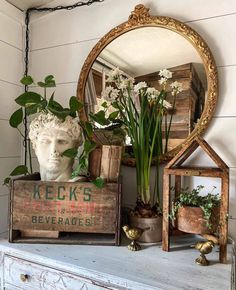 there is a mirror and some plants on top of a dresser