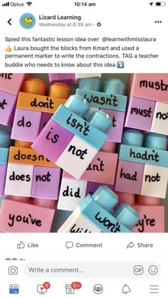 a bunch of different colored blocks with words on them